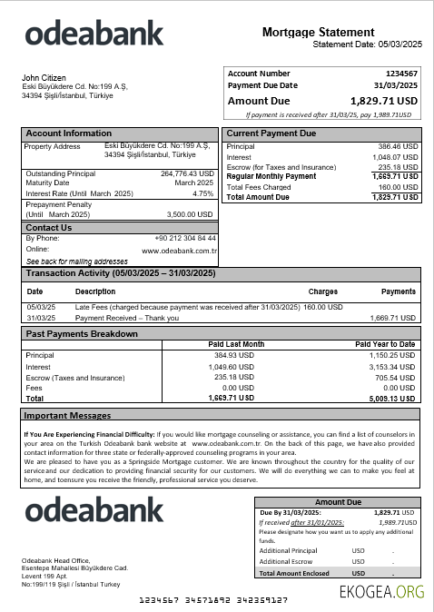 Relevé hypothécaire de la banque turque Odeabank aux formats Word et PDF